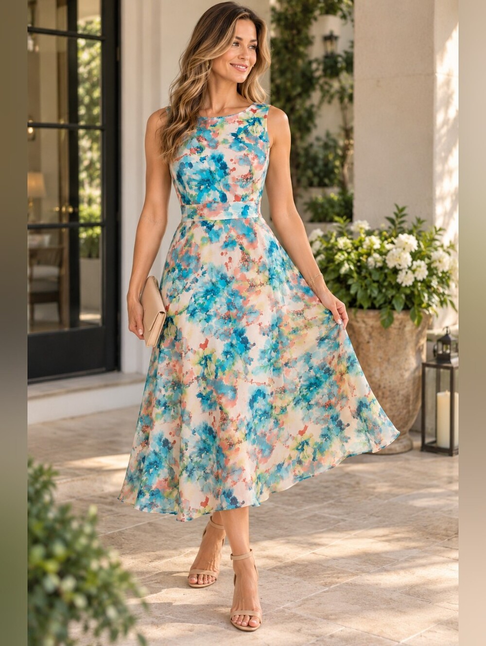 Black Label Evan Picone Watercolor Floral Fit & Flare Midi Dress Sz 8